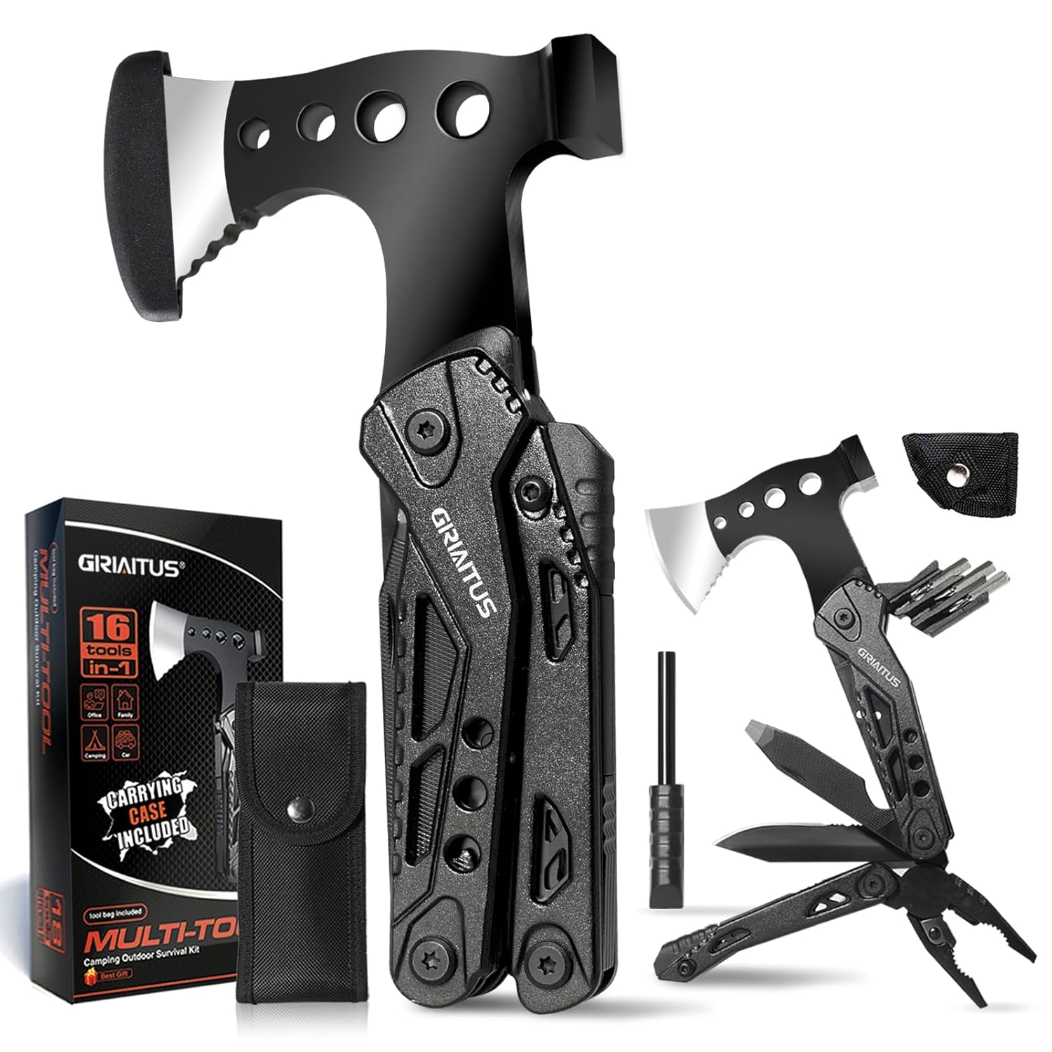 Accesorios Multiherramienta para Acampar Regalos para Hombres 16en1 Herramienta Multiuso con Hacha Supervivencia Navaja Multiusos Regalo Padre