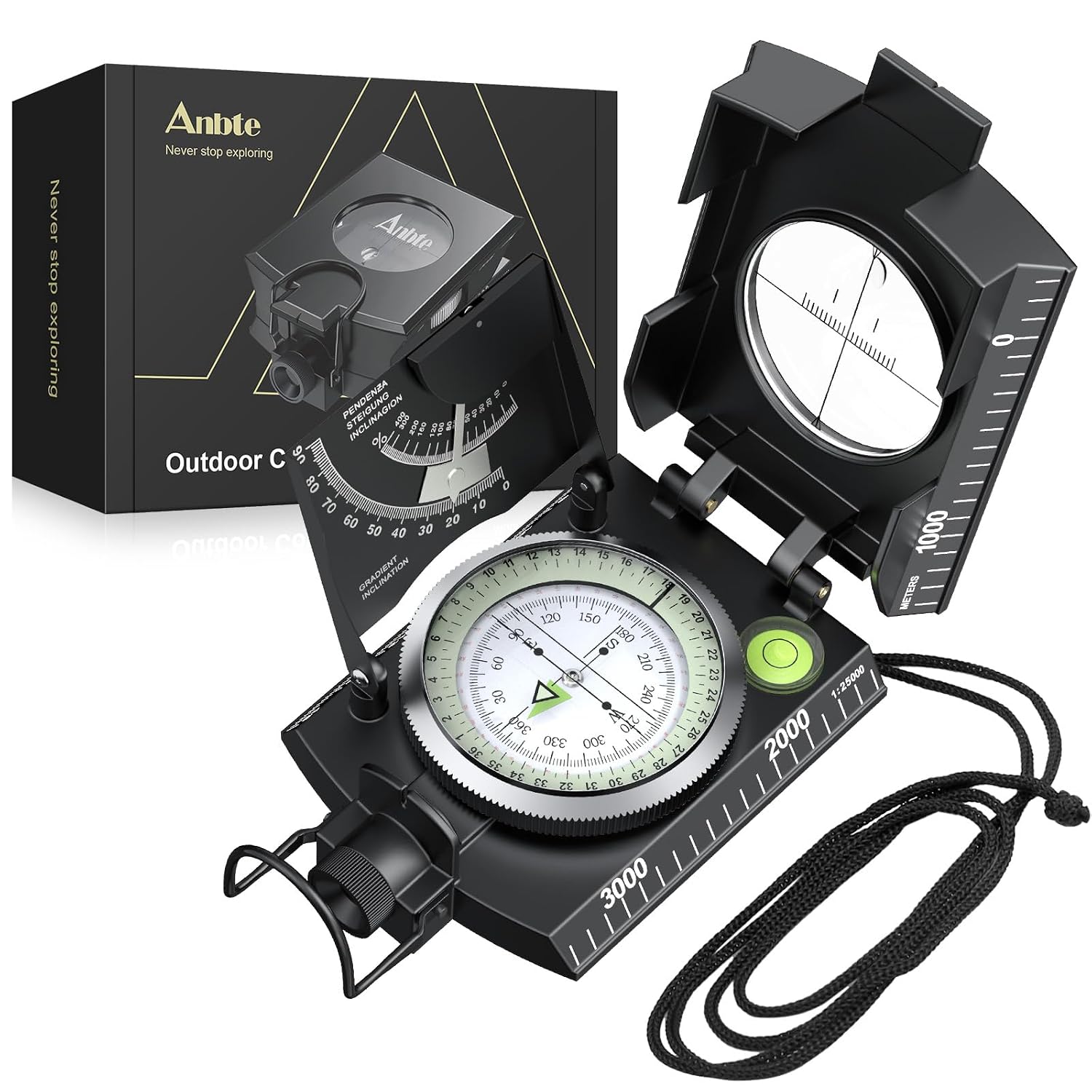 Anbte Brújula Profesional Impermeable IP65 con Clinómetro y Nivel de Brújula Militar de Alta Precisión con Bolsa para Acampar, Caminar, Explorar, Navegación Militar y Actividades Al Aire Libre