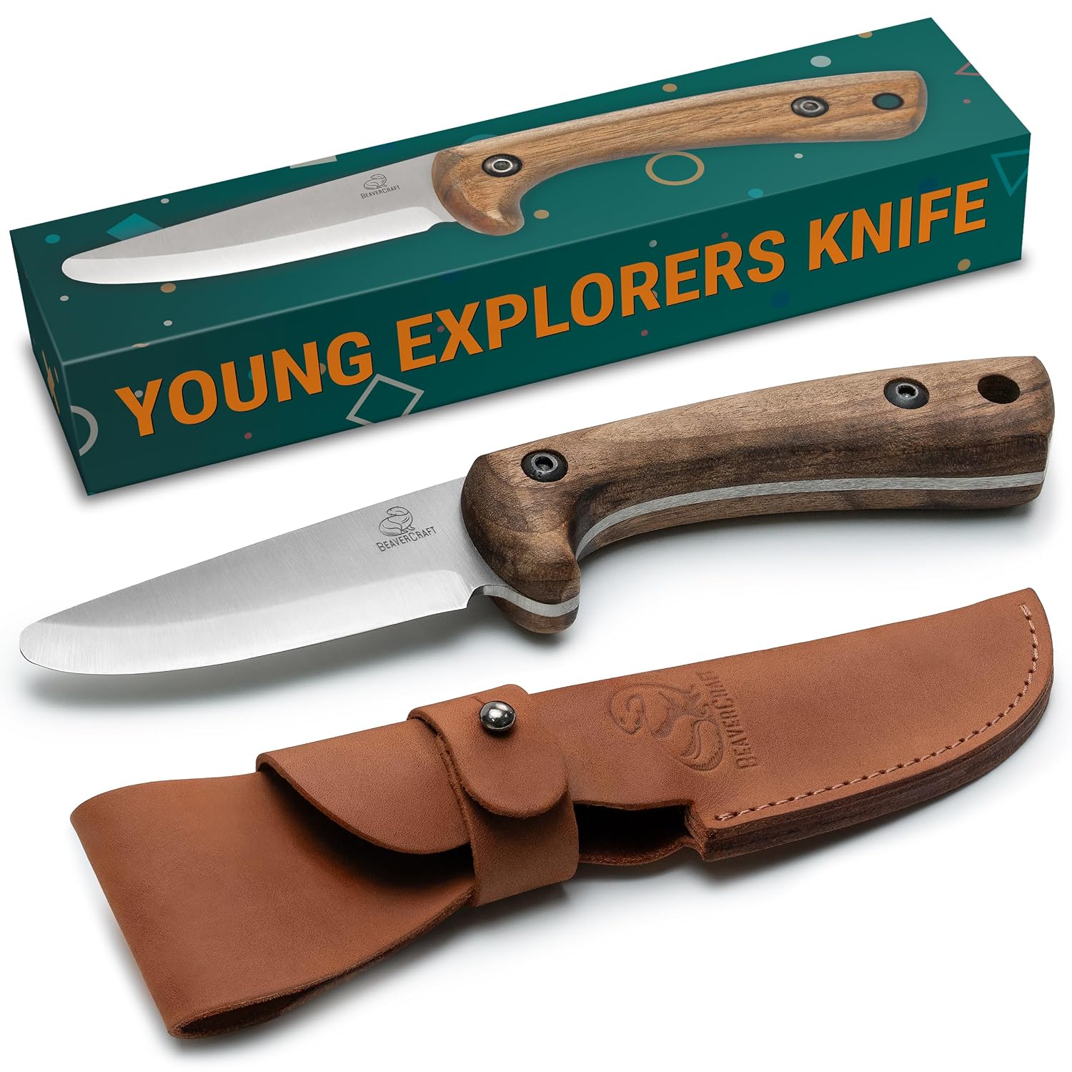 Beaver Craft cuchillo de supervivencia para niños seguro para niños de 8 a 12 años con funda cuchillo de corte para primeros auxilios con punta redondeada BSH Kid