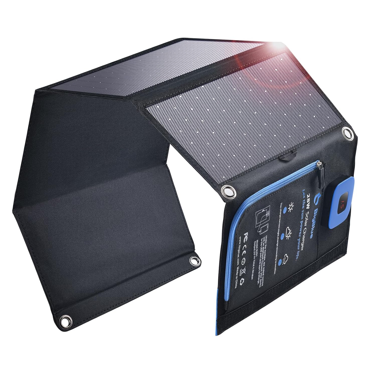 Big Blue 28 W Cargador Solar Portátil, 2 Puertos (USB-C/USB-A) y IP44 Impermeable, Panel Solar Plegable con LCD Amperímetro Digital para Dispositivos Recargables, i Phone, Android, Go Pro Etc