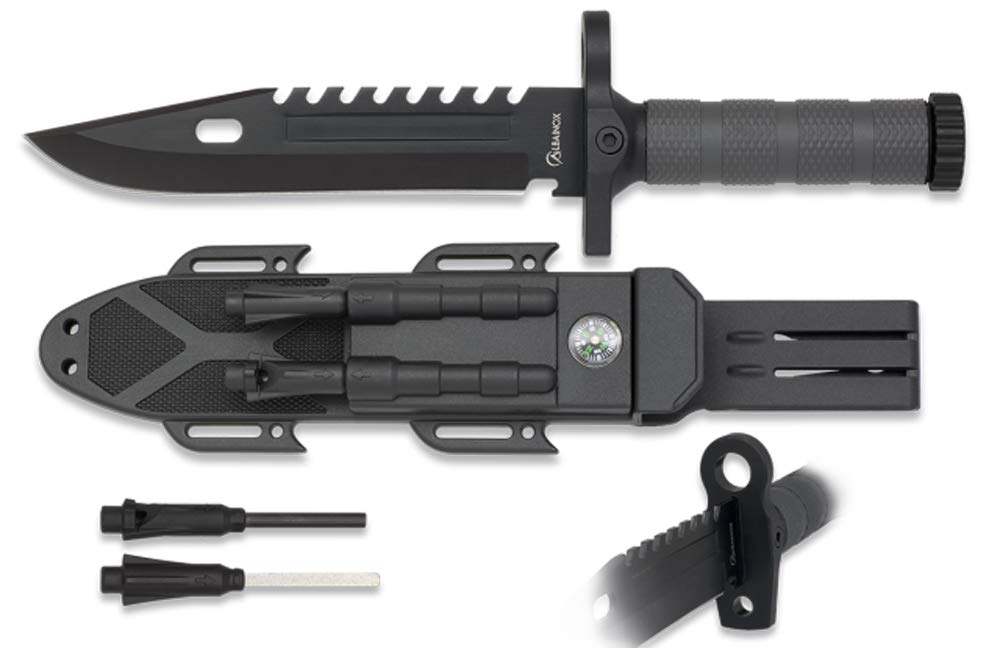 Cuchillo Albainox 32537, Negro con Pedernal y Afilador, Hoja 19 cm. Mango de ABS para Caza, Pesca, Camping, Outdoor, Supervivencia y Bushcraft