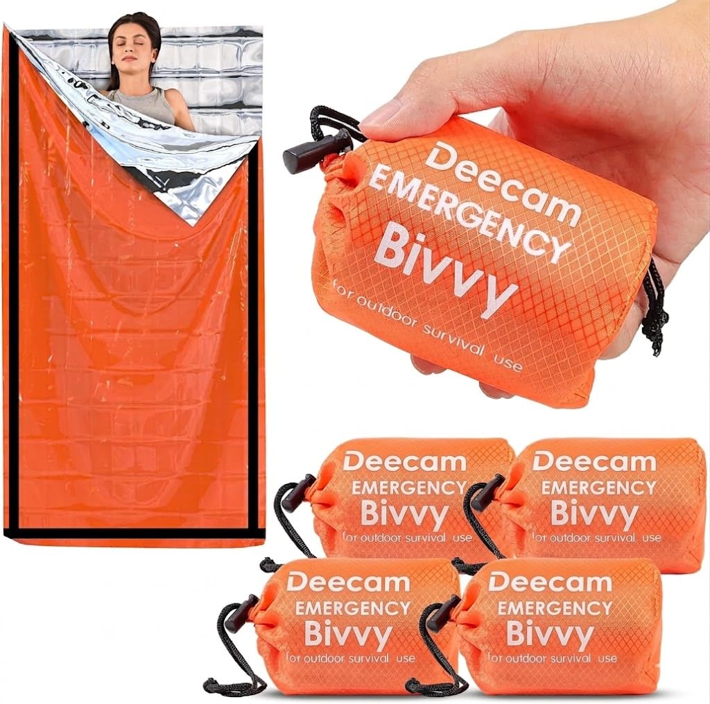 Deecam Saco de Dormir Emergencia, Manta termica Supervivencia，Mantas Termica de Aluminio,Supervivencia Bivy para Vivac,Manta Camping Dormir，Cámping, Excursionismo, Trekking,4 Pieces