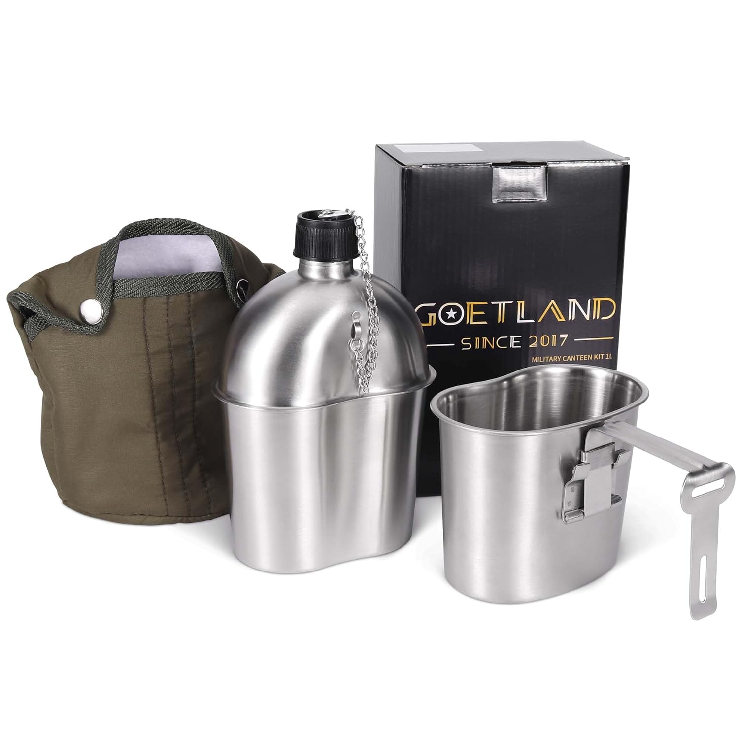 Goetland US Militar Acero Inox Cantimplora Militar 1l con 0,5l Jarras Vaso Bolas Nailon Botella Agua Camping Accesorios