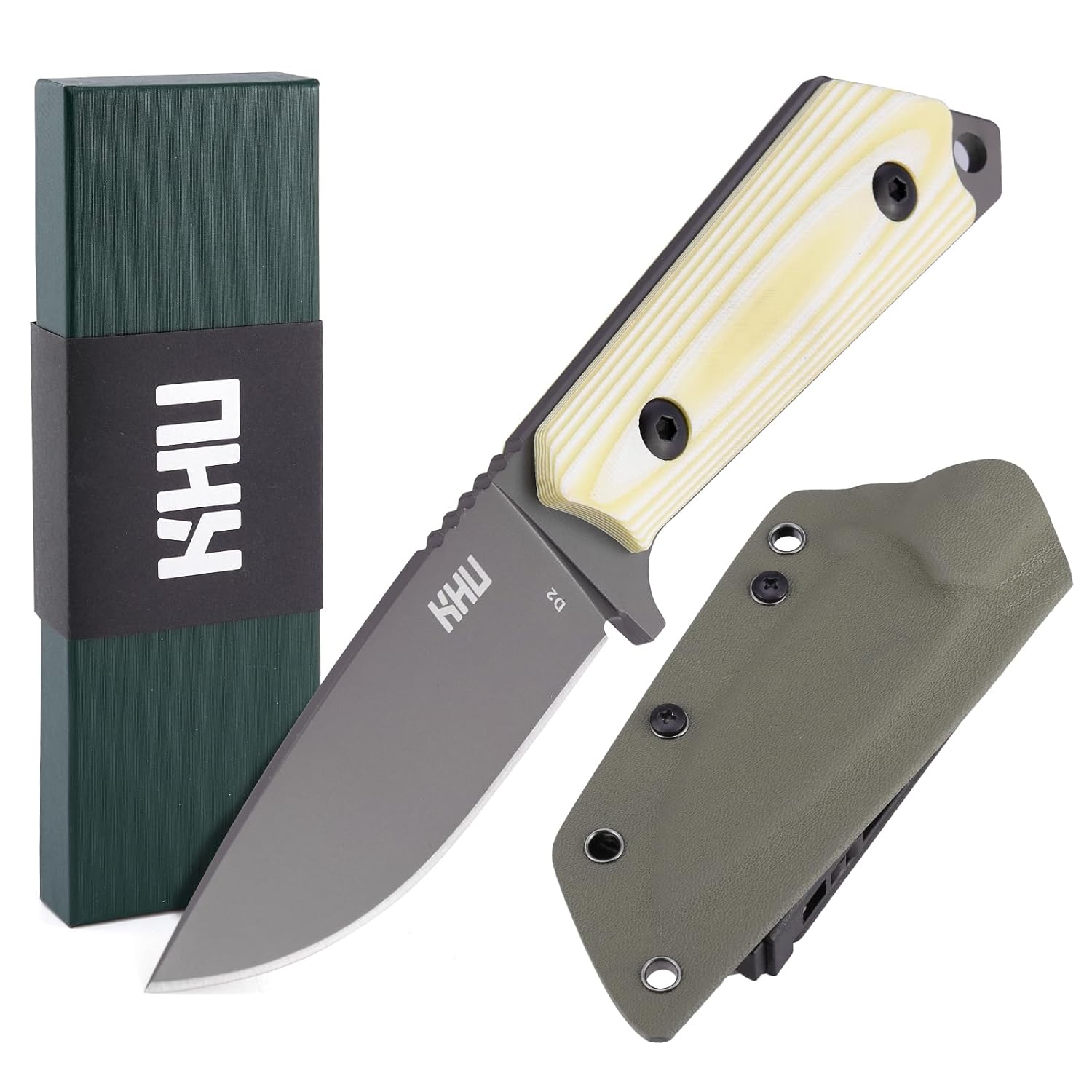 KHU Cuchillo Hoja Fija, Cuchillo Supervivencia Cuchillo Caza Cuchillo Bushcraft D2 Acero Mango de G10, Outdoor Caza Camping Accesorios - Funda Kydex - 29 A