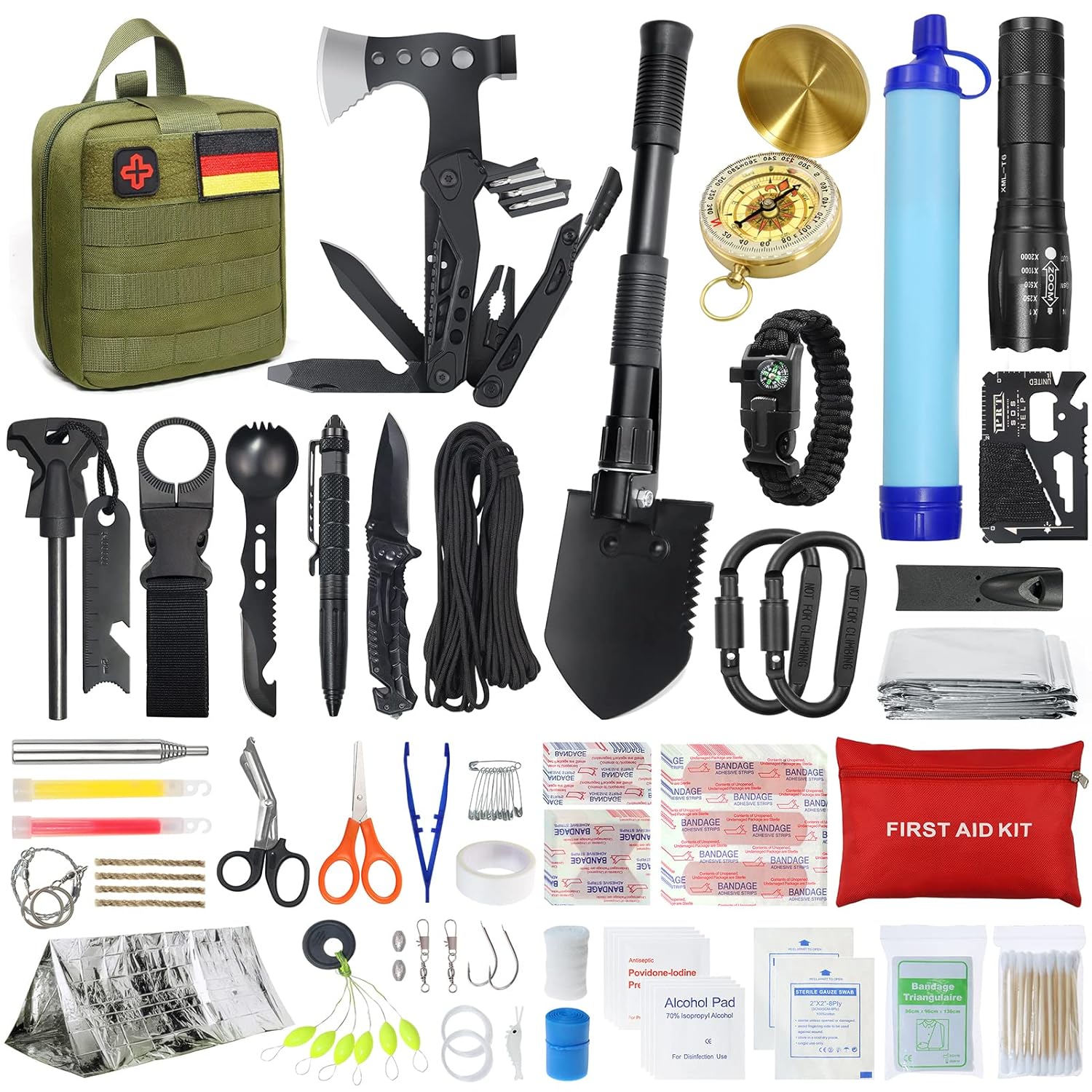 Kit de supervivencia para camping/aventura con botiquín de primeros auxilios, 180 piezas, con filtro de agua, pajita, hacha de martillo multifuncional, regalo para hombre