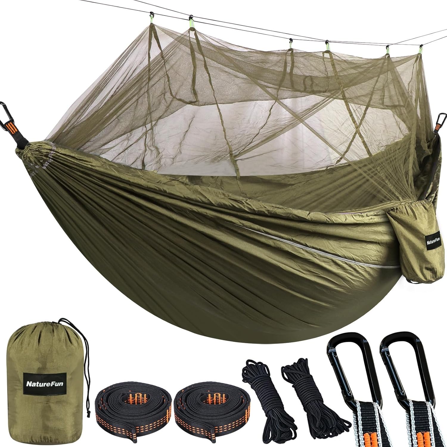 Nature Fun Mosquitero Hamaca Ultra Ligera para Viaje y Camping | 300kg de Capacidad de Carga,Transpirable, Nylon de Paracaídas de Secado Rápido | 2 x Mosquetones Premium,4 x Correas de Nylon Incluidas