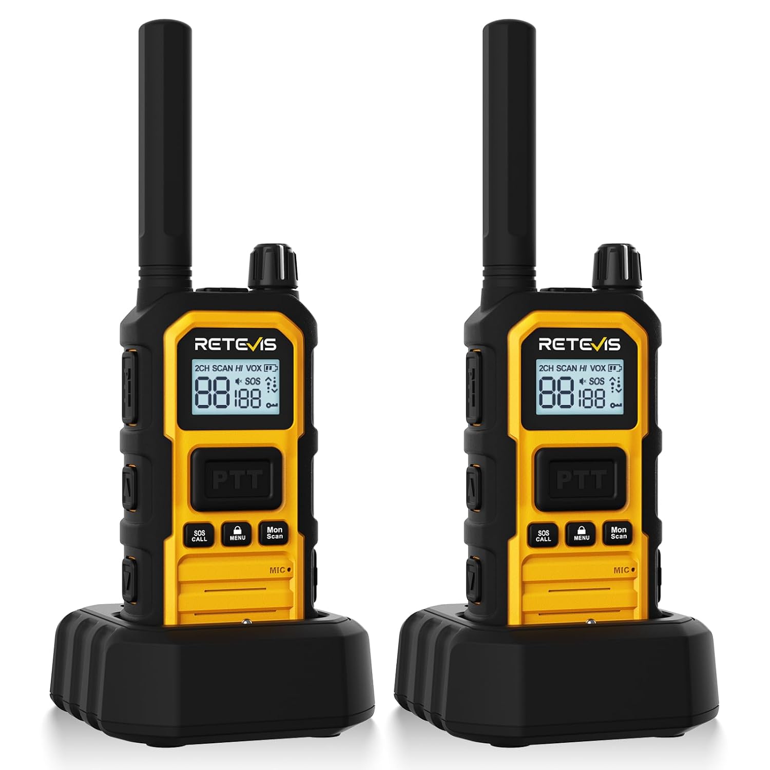 Retevis RB648 Plus Walkie Talkies, Radios Bidireccionales de Largo Alcance, IP67 Impermeable Profesional, Vibración SOS, Tipo C 2000 m Ah, Walkie-Talkie Recargable para Acampar (2 Piezas, Amarillo)
