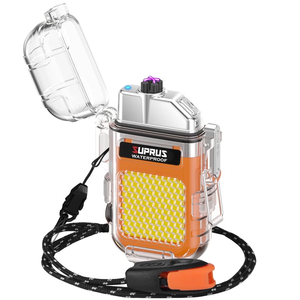 SUPRUS Encendedor impermeable y resistente al viento, doble arco, de plasma, eléctrico, recargable, con silbato de emergencia de supervivencia y cordón, color naranja
